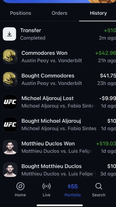 The image shows a mobile portfolio history screen from Polymarket displaying a series of transactions, including a +$10 transfer marked as "Completed," a winning bet on Commodores (+$42.96) with a prior $41.75 purchase for "Austin Peay vs. Vanderbilt," and a -$9.99 loss on "Michael Aljarouj vs. Fabia Sintes" UFC match, alongside a +$19.03 win on "Matthieu Duclos vs. Luis Felipe." The post claiming "wow polymarket refunded losses!" appears to contrast with the visible -$9.99 loss on the Aljarouj bet, suggesting the user may have received a refund or resolution for that loss, though the standard transaction history still reflects the original deduction.