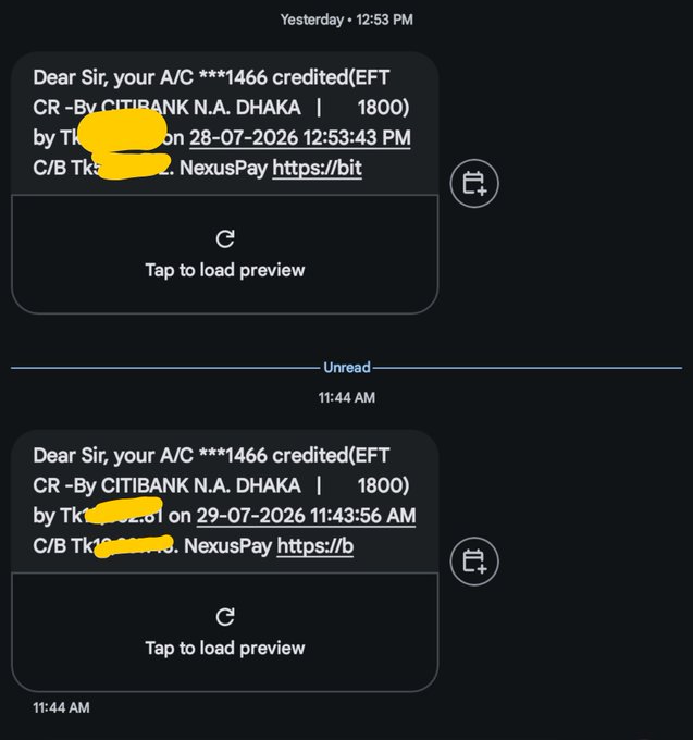 SMS messages showing two EFT credit notifications to a Citibank account of 1800 from NexusPay, with sensitive information blurred.