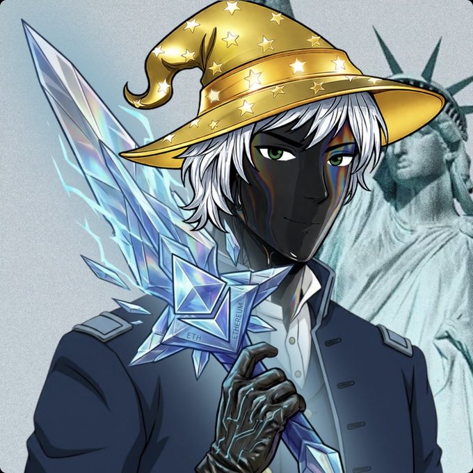 A dark-skinned anime character with white hair, green eyes, and a gold wizard hat adorned with stars holds a crystalline "ETH" Ethereum sword in front of the Statue of Liberty. The image matches the post's description, depicting the "Patriots NFT #6680" with its Union Blue uniform, wizard hat, and Eth ShortSword—blending American patriotic iconography with fantasy crypto-themed elements.