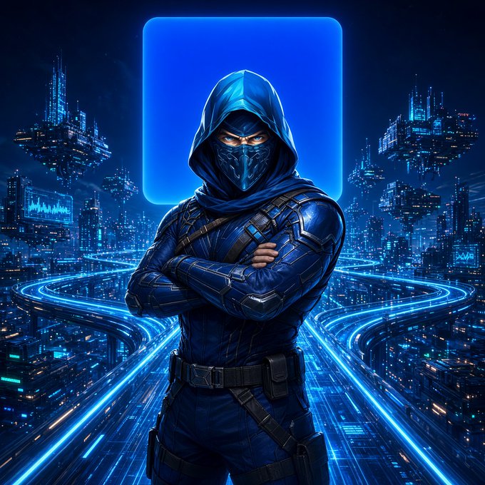 A digital illustration of a hooded, masked warrior in blue armor with arms crossed, set against a futuristic cyberpunk cityscape with glowing blue neon lights and a bright blue square sky.