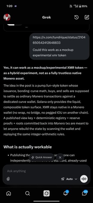 The image shows a Grok AI chat response on a mobile screen discussing a mockup/experimental XMR token, with the URL https://x.com/tundrique/status/2104650542412648833 visible and the AI explaining how the pump.fun-style token would function using a curve view wallet on Solana while settling on the Monero network, supporting the accompanying post's claim about this being an experimental XMR token due to Monero's lack of smart contracts.