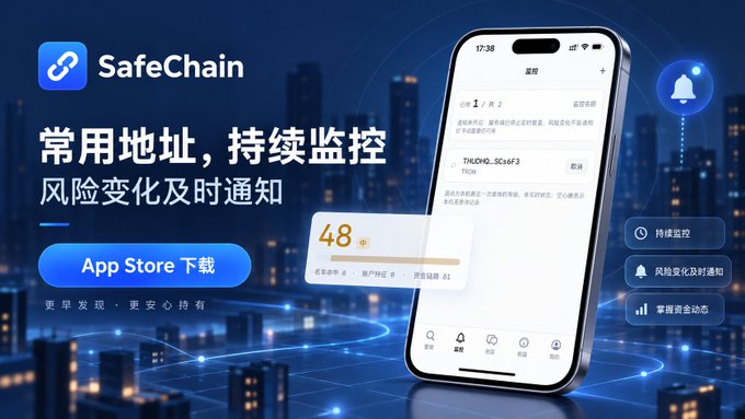 An advertisement for 'SafeChain' app featuring a smartphone mockup and Chinese text promoting address monitoring and risk notifications, available on the App Store.