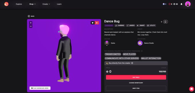 Screenshot of a digital marketplace listing for a 'Dance Bug' NFT/emote item, showing a 3D character on a purple background and a 'MINT ITEM' button.