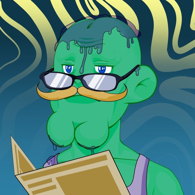 A cartoon green-skinned character with glasses and a mustache reads a newspaper against a swirling blue background, fitting the DigiDigi NFT mint announcement with its quirky, community-focused vibe.