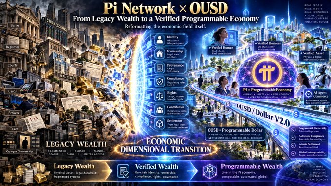 A promotional graphic titled "Pi Network × OUSD: From Legacy Wealth to a Verified Programmable Economy," illustrating a transition from fragmented legacy systems to programmable wealth with features like identity, ownership, provenance, compliance, rights, contribution, and settlement.
