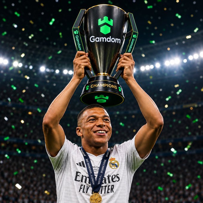 A young soccer player wearing a white Real Madrid jersey with 'Emirates FLY BETTER' sponsorship lifts a 'Gamdom Champions' trophy in a stadium filled with green confetti.