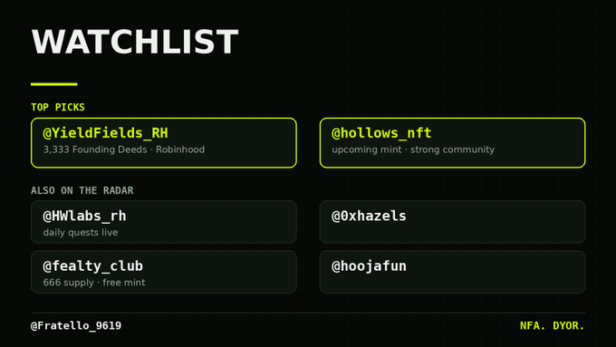A watchlist interface featuring 'TOP PICKS' like '@YieldFields_RH' (3,333 Founding Deeds - Robinhood) and '@hollows_nft', with 'ALSO ON THE RADAR' accounts including '@HWLabs_rh' and '@fealty_club'.