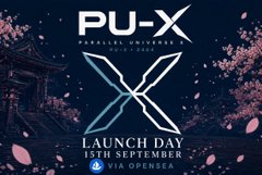 A promotional banner for 'PU-X PEARL UNIVERSE' announcing their 'LAUNCH DAY' on 15TH SEPTEMBER, featuring a blue butterfly logo and Via OpenSea text against a cherry blossom background.