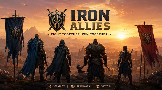 Gaming promotional banner titled 'IRON ALLIES' with tagline 'FIGHT TOGETHER. WIN TOGETHER' featuring four warriors overlooking a kingdom at sunset, with tags STRATEGY, TEAMWORK, and VICTORY.