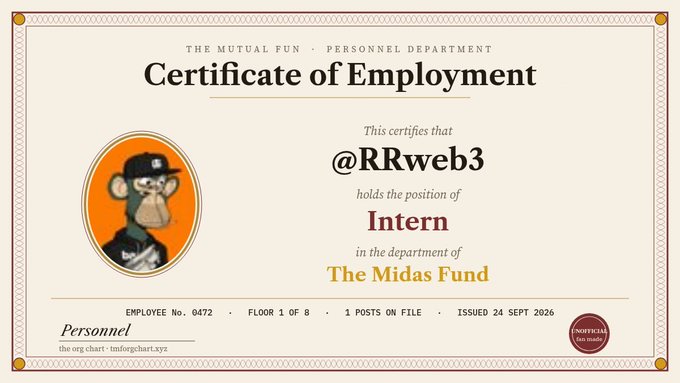 A 'Certificate of Employment' issued by The Mutual Fun Personnel Department to '@RRweb3' as an Intern in The Midas Fund, dated 24 Sept 2026.