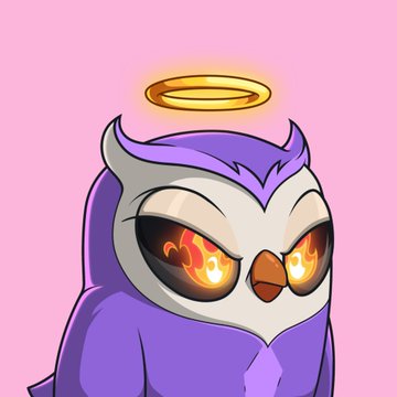 A stylized illustration of an angry-looking purple and white owl with glowing flame eyes and a golden halo above its head, set against a pink background.