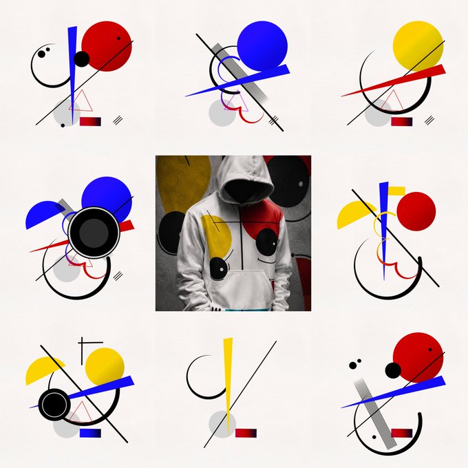 A grid of eight Bauhaus/Constructivist-style abstract designs in primary colors (red, yellow, blue) with circles, lines, and geometric shapes, surrounding a central image of a white hoodie featuring similar artistic designs.