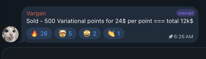A Telegram message from a user named 'Vargan' announces 'Sold - 500 Variational points for 24$ per point === total 12k$', accompanied by fire, laughing, and clapping emojis.