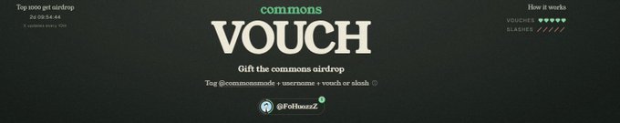 A dark digital banner displaying 'commons VOUCH' with text about gifting the commons airdrop and a username '@FoltosxZZ'.
