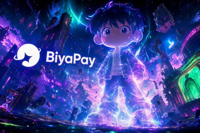A vibrant digital artwork showing a chibi-style boy glowing with purple and blue energy against a cosmic background, featuring the 'BiyaPay' logo and branding.