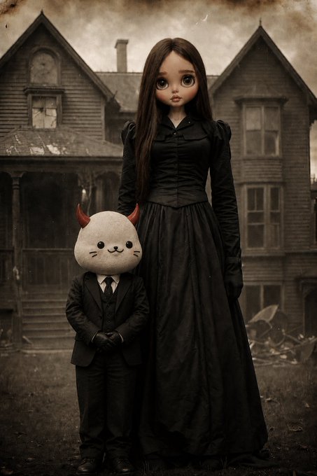 A sepia-toned, gothic-style illustration shows a tall doll-like girl in a long black Victorian dress standing next to a smaller figure wearing a suit and a smiling cat mask in front of an old wooden house.