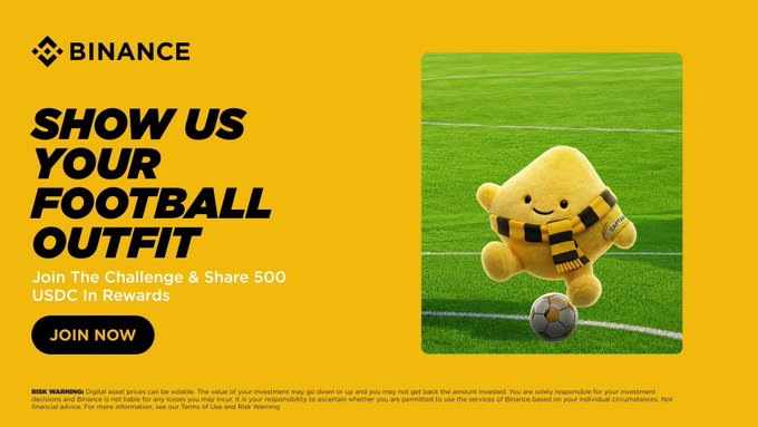 The image features a yellow background with a cartoon character, likely a soccer ball, positioned at the center of the frame. The text "Football season has officially kicked off" is displayed above the character, indicating that the image is related to the start of a football season. Below this, there's a post on social media promoting a USDC reward for joining the community and sharing photos or videos of the game. The post encourages users to follow and tag @binance and @BinanceAngels in order to receive the reward.