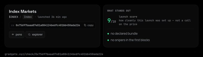 A dark-themed interface showing an 'Index Markets' dashboard for $INDEX launched 36 minutes ago, with a contract address (0x75697baaa07e81a884124bedfc401bb450dada22e) and a 'What Stands Out' section noting a launch score of 9/10, 'no declared bundle', and 'no snipers in the first blocks'.
