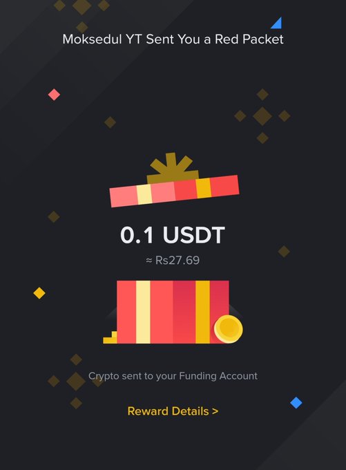 A digital red packet notification showing "Moksedul YT Sent You a Red Packet" with 0.1 USDT (≈ Rs27.69) sent to a Funding Account.