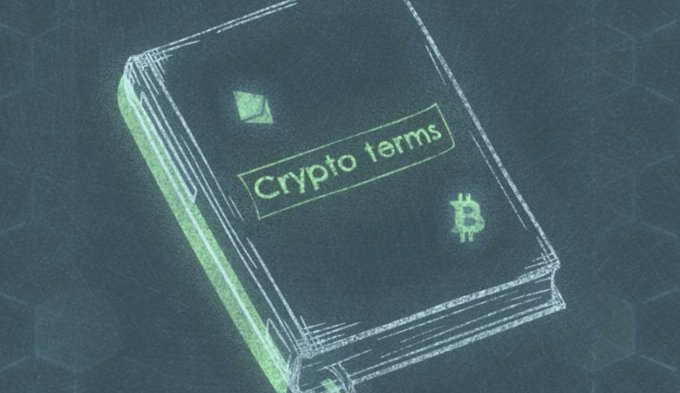 An illustration depicts a green 'Crypto terms' book with a Bitcoin symbol and Ethereum logo on its cover.