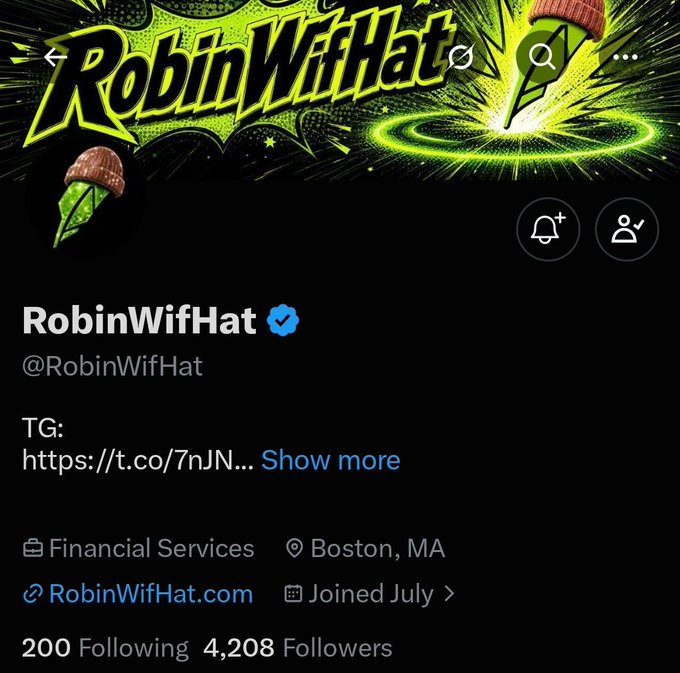 A Twitter/X profile page for **@RobinWifHat**, a verified account in Financial Services based in Boston, MA, showing 4,208 followers and 200 following, with a Robin Hood-themed acorn logo. The profile corresponds to the early alpha project described in the post, which highlights its 2,222 token supply, Robinhood chain, and collab manager @ModeXeth.
