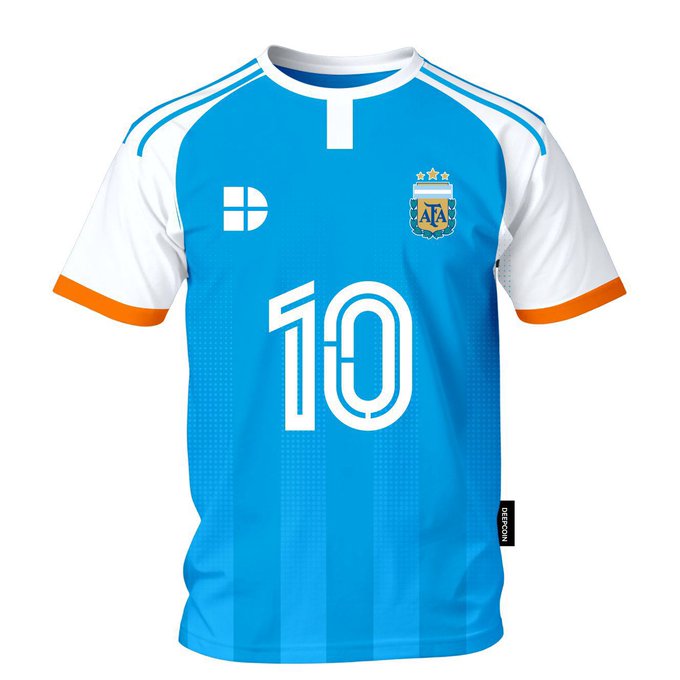 A sky blue soccer jersey with white sleeves, orange trim, and the number "10" printed on the front, displayed as a giveaway prize. The jersey features an "AFA" crest with stars and a brand logo, matching the sports merchandise described in the Panda and Deepcoin joint lucky draw promotion.