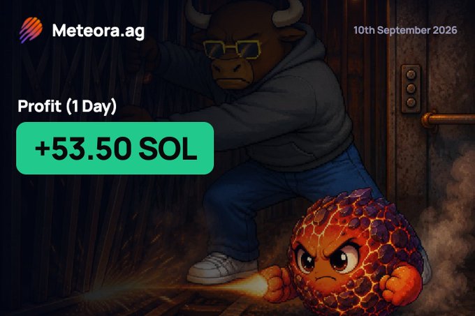 The image shows a Meteora.ag promotional graphic dated 10th September 2026, highlighting a "Profit (1 Day)" of "+53.50 SOL" with cartoon characters including a bull in sunglasses and a fiery creature. The caption relates to the post by showcasing a successful daily profit example that contributes to the claimed "400+ SOL in 15 days" returns, emphasizing disciplined StonkFun-only trading while avoiding pump fun tokens.