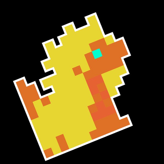 A pixel-art style map with yellow, orange, and a single cyan square on a black background, outlined in white.