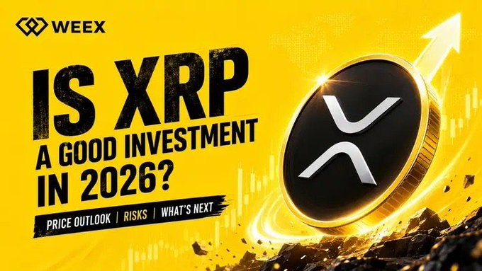 A yellow promotional graphic asking 'IS XRP A GOOD INVESTMENT IN 2026?' by WEEX, featuring a 3D XRP coin with an upward arrow.