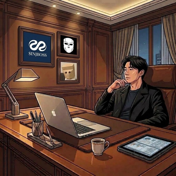 A digital illustration shows a man sitting at a wooden desk with a laptop, with a screen behind him displaying the text 'SINJBOSS' alongside a logo and a mask image.