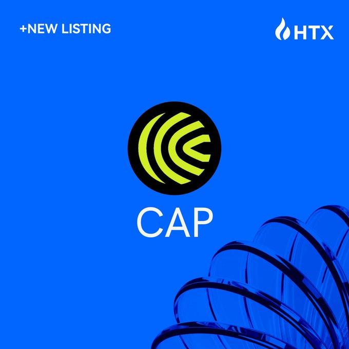 The image is a vibrant blue promotional graphic announcing a new listing on HTX exchange, featuring the "CAP" token logo in a black circle with bright green wave-like design, accompanied by the "+NEW LISTING" tag in the top left and the HTX logo in the top right. The "CAP" text appears prominently below the logo, directly corresponding to the new $CAP token listing announcement from @capapp.
