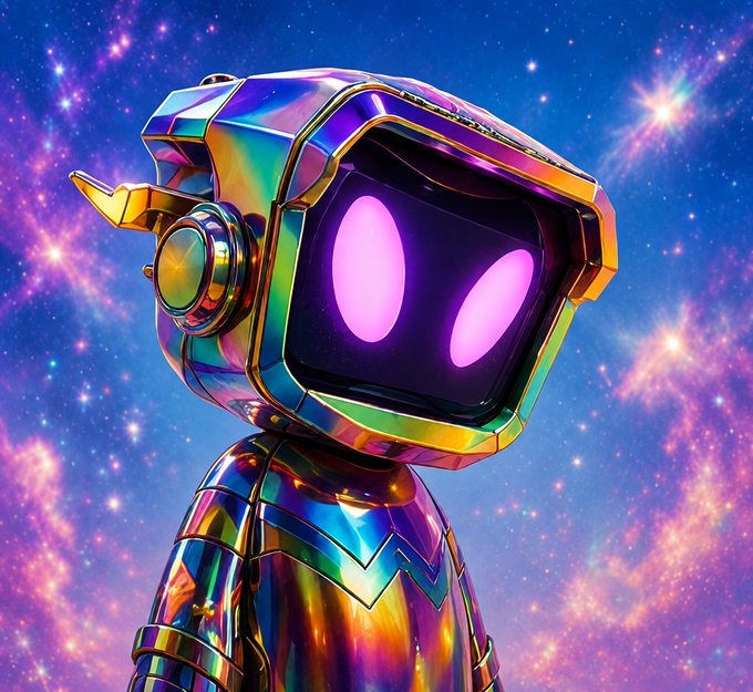 A 3D-rendered iridescent robotic figure with glowing pink/purple oval eyes and headphones, set against a vibrant starry galaxy background.