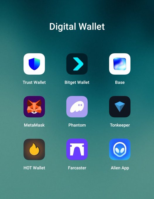 The image shows a collection of wallet icons displayed against a blue background, with each icon representing a different type of wallet or cryptocurrency. The wallets include popular options such as Hot Wallet, Trust Wallet, Bitget Wallet, Base Wallet, MetaMask, Phantom Wallet, TONKEEPER Wallet, and Alien App. These wallet icons are arranged in a grid format, making it easy to compare the features and benefits of each one.