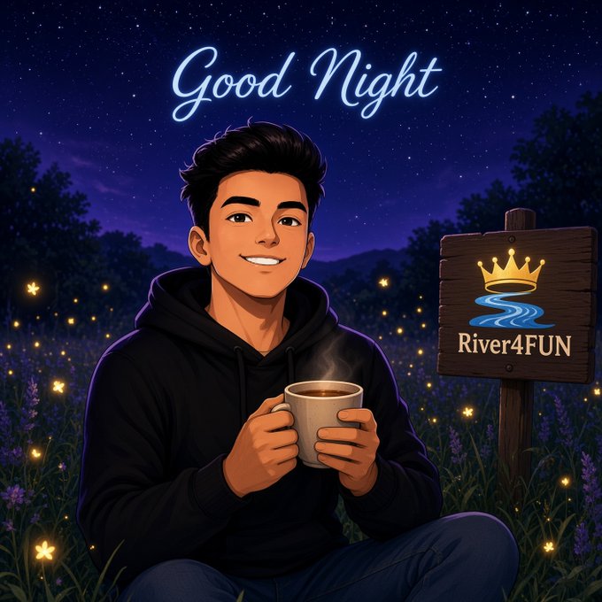 An illustrated 'Good Night' scene featuring a smiling young man in a black hoodie holding a steaming mug in a field of glowing flowers at night, next to a wooden sign reading 'River4FUN' with a crown and water logo.
