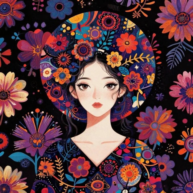 A vibrant digital illustration depicts a woman with dark hair wearing a colorful floral headpiece, surrounded by a rich background of stylized flowers in pink, orange, and blue hues.