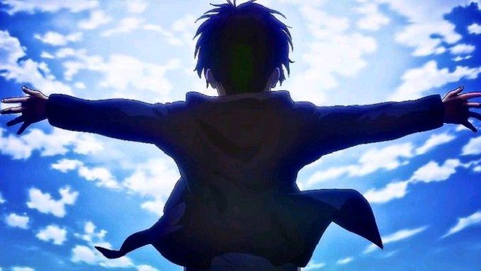 Anime-style silhouette of a person with their arms outstretched against a bright blue sky with scattered clouds.