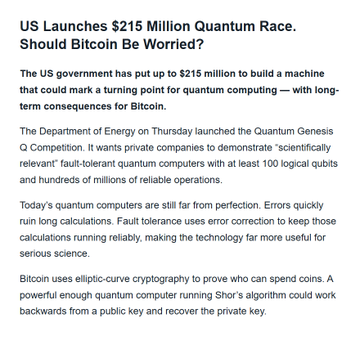 A news article headline reading 'US Launches $215 Million Quantum Race. Should Bitcoin Be Worried?' discussing government investment in quantum computing and its potential implications for Bitcoin's elliptic-curve cryptography.