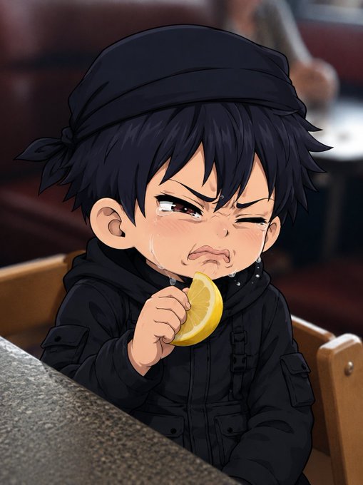 A chibi-style anime character wearing a black beanie and jacket is crying with a sour expression while biting into a yellow lemon slice.