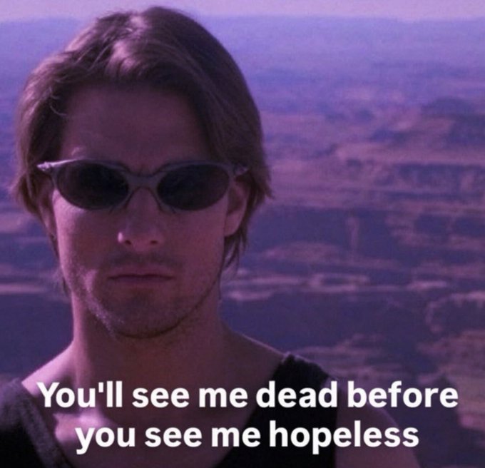 A man with sunglasses stands stoically against a hazy landscape, overlaid with the text "You'll see me dead before you see me hopeless." The image conveys a defiant, unwavering optimism that complements the poster's bullish conviction on the ticker $MON, signaling steadfast commitment to the cause despite challenges.