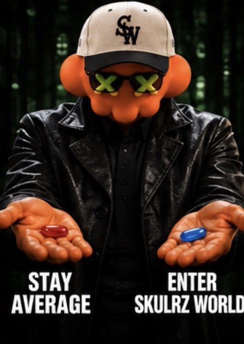 A meme-style image of a figure wearing a black leather jacket and a 'CSW' cap, whose face is obscured by an orange flower-like shape with 'XX' green eyes, holding out a red pill in one hand and a blue pill in the other, captioned 'STAY AVERAGE' and 'ENTER SKULRZ WORLD'.