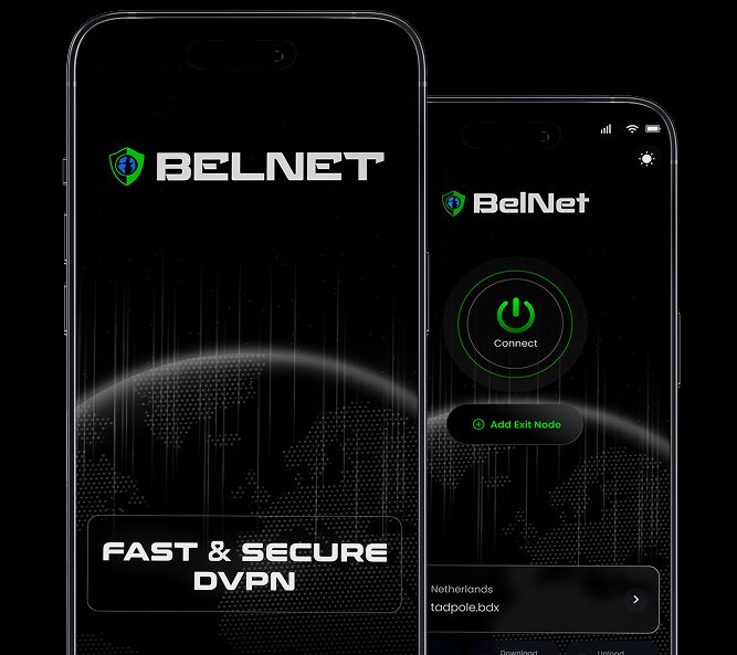 Promotional advertisement for BelNet VPN app showing two smartphone mockups with a 'FAST & SECURE DVPN' tagline and a connect button interface.