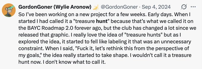 The image shows a screenshot of a person's Facebook profile page with an article posted by GordonGoner. The title of the article reads, "So I've been working on a new project for a few weeks. Early days. When I started it had been called a 'treasure hunt" because that's what we're doing here...The BACR Roadmap 2.0 was released but the club has changed a lot since then..." This post includes a screenshot of a Facebook message with an image attached, which is related to the article about a treasure hunt and the BACR Roadmap.