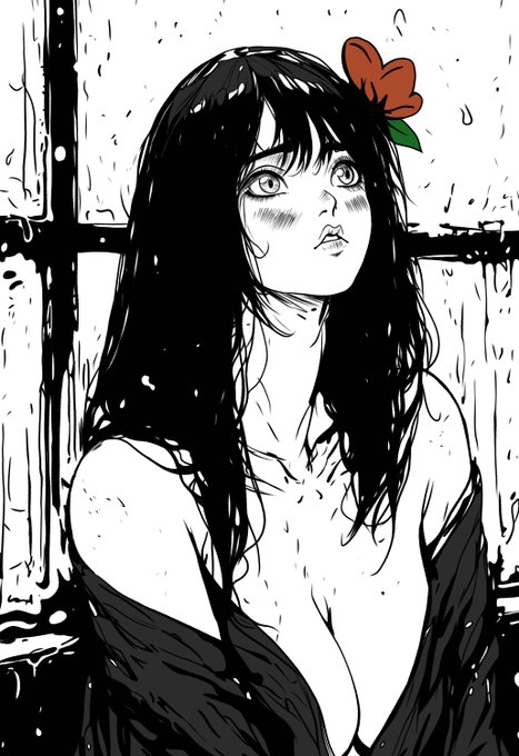 A black and white illustration of a young woman with long dark hair and a red flower in her hair, looking upward with a contemplative expression near a rainy window.