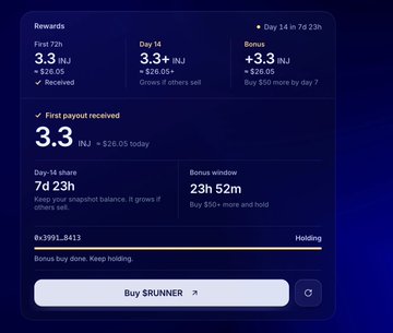 A rewards dashboard showing 'First 72h: 3.3 NJJ', 'Day 14: 3.34 NJJ', 'First payout received: 3.3 INJ', 'Day-14 share: 7d 23h', and 'Bonus window: 23h 52m' with a 'BUY $RUNNER' button.
