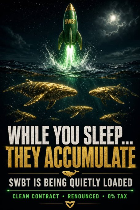 A crypto promotional graphic for $WBT featuring a rocket launching from ocean waves with golden whales swimming below, captioned 'WHILE YOU SLEEP... THEY ACCUMULATE' highlighting clean contract, renounced, and 0% tax features.