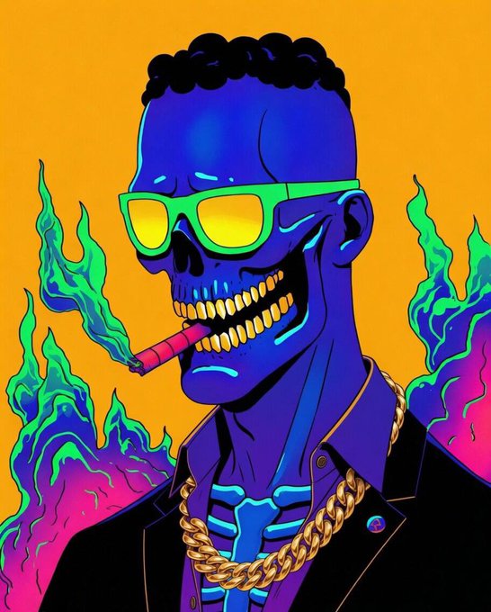 A vibrant digital illustration features a blue-skinned character with a skull-like face, wearing neon green sunglasses and a gold chain, smoking a cigar against a backdrop of green and pink flames.