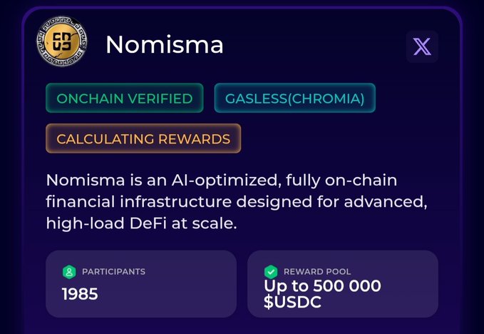 A promotional card for "Nomisma" describing it as an AI-optimized on-chain financial infrastructure for DeFi, with 1,985 participants and a reward pool of up to 500,000 $USDC.