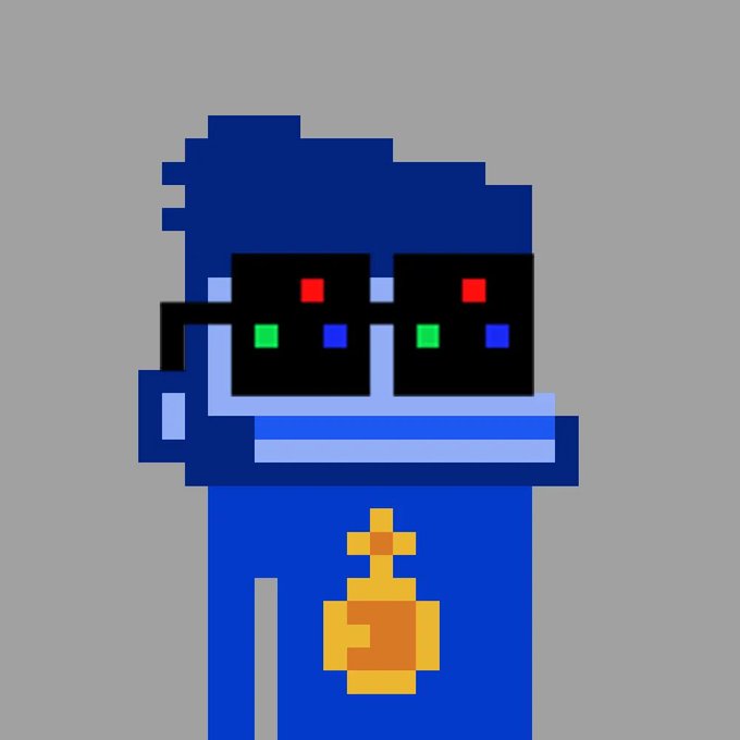 A pixel art illustration of a blue character with glasses featuring red, green, and blue lights, holding a golden object.