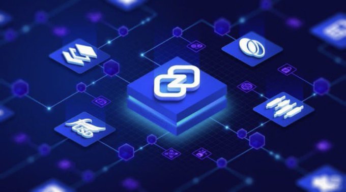 A digital illustration featuring a glowing blue chain link icon at the center, surrounded by various connected hexagonal nodes and tech-related symbols on a dark blue background.