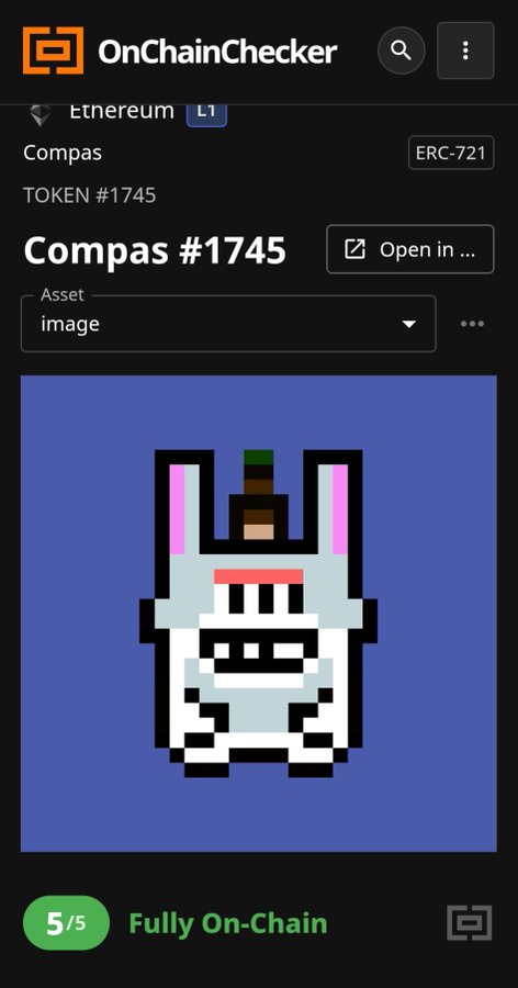 An OnChainChecker app screen displaying details of 'Compas #1745' (TOKEN #1745), an ERC-721 asset on the Ethereum L1 network, featuring a pixel-art character with a blue background and labeled '5/5 Fully On-Chain'.